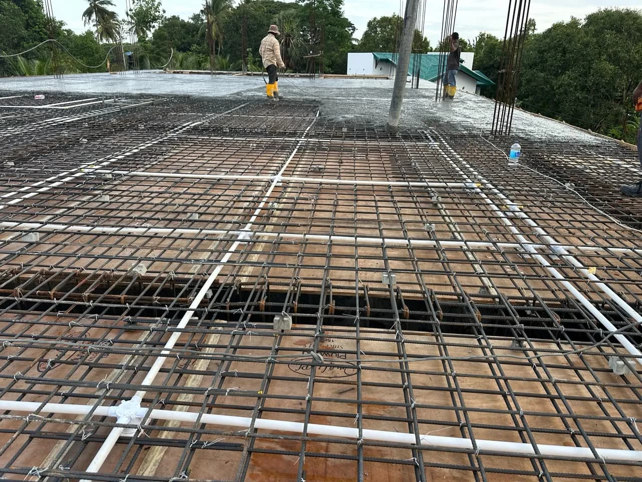 Construction formwork and steel reinforcement on site